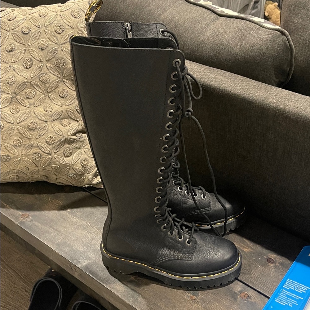 Dr. Martens Tall Black Lace-Up Combat Boots with Yellow Stitching